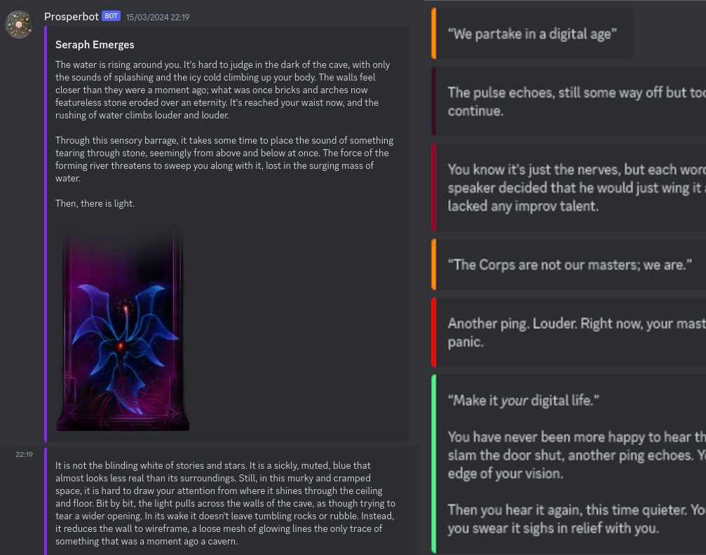 Left: A screenshot of the scoop running on the development version of the bot, Prosperbot. Right: A (cropped) second screenshot of the game running, this time with differently-coloured messages.