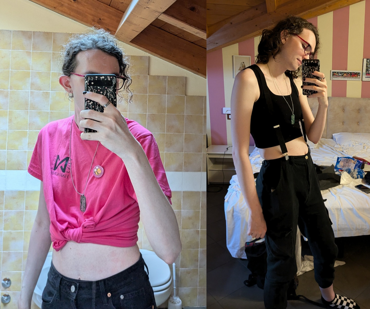 Left: harmonbee, wearing a bright pink shirt with her name on it. it is tied up to reveal the midriff. she is also wearing black shorts, although they are cut off at the bottom of the photo. Right: harmonbee, wearing a black sports bra. she is also wearing cargo pants held up by suspenders