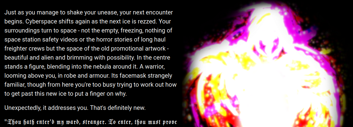 A screenshot of A Run on Epiphany, with story on the left and an ominous character on the right.